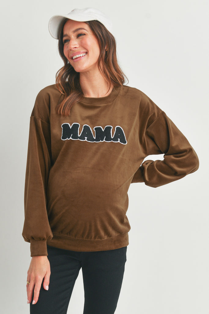 Brown Velvet Maternity Sweatshirts Top with Mama Patch Front