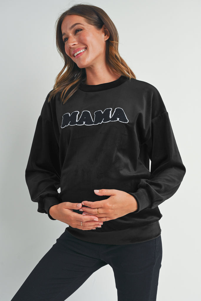 Black Velvet Maternity Sweatshirts Top with Mama Patch Front