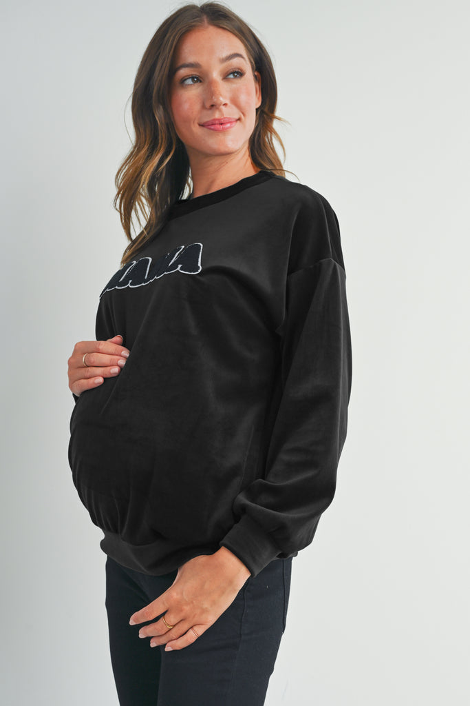 Black Velvet Maternity Sweatshirts Top with Mama Patch Side
