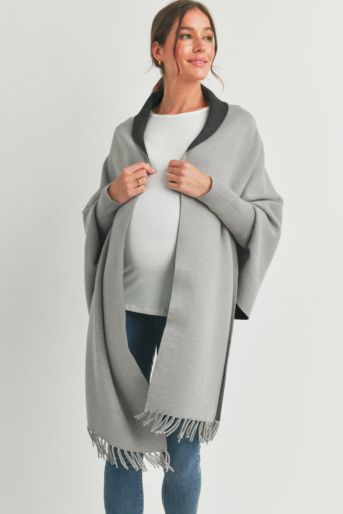 Grey/Charcoal Shawl Collar Maternity Sweater Pancho Front