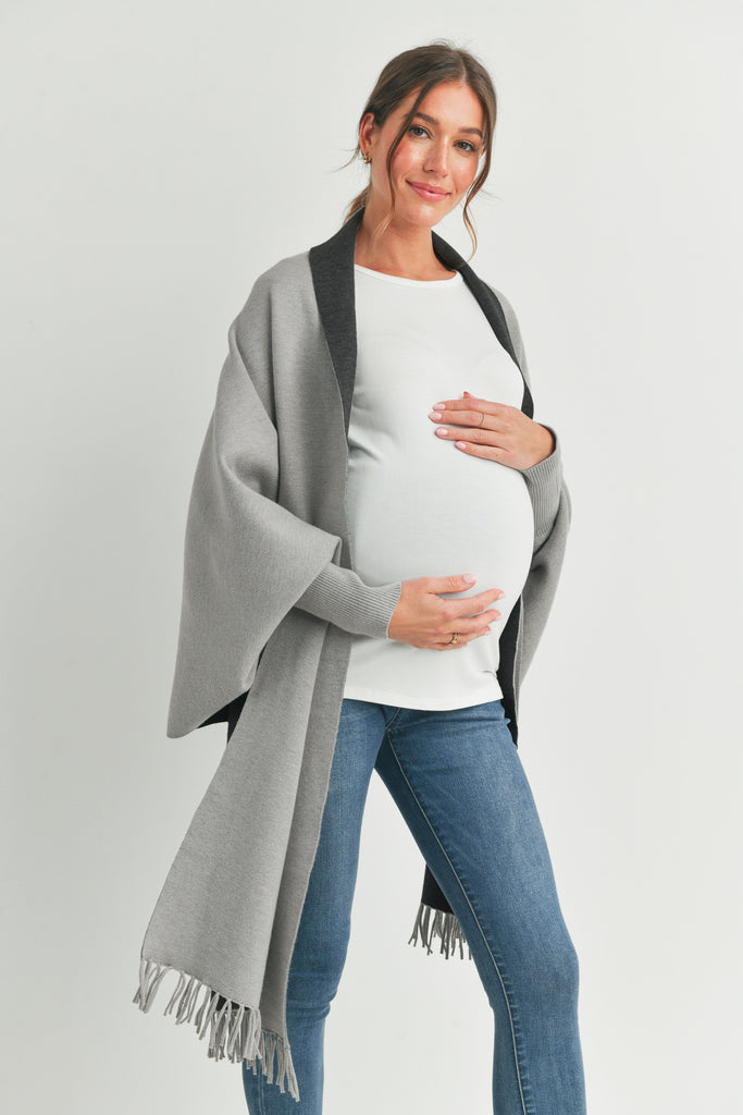 Grey/Charcoal Shawl Collar Maternity Sweater Pancho Side Open
