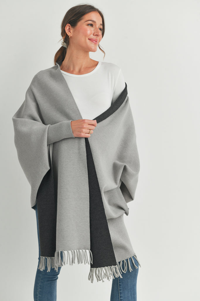 Grey/Charcoal Shawl Collar Maternity Sweater Pancho Front
