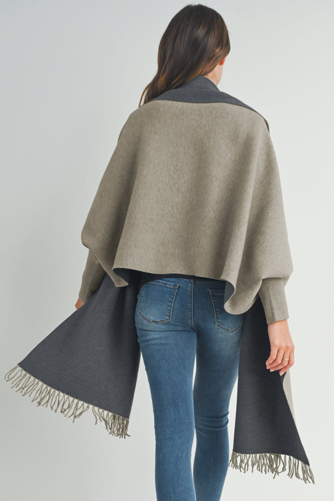Sand/Grey Shawl Collar Maternity Sweater Pancho Back