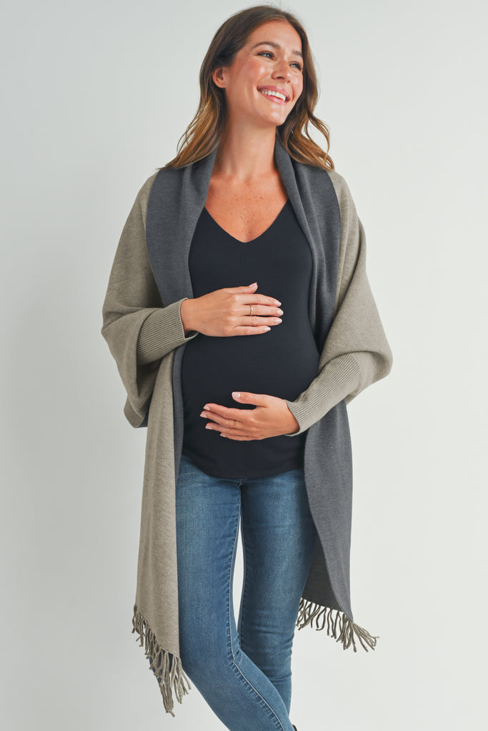 Sand/Grey Shawl Collar Maternity Sweater Pancho Front