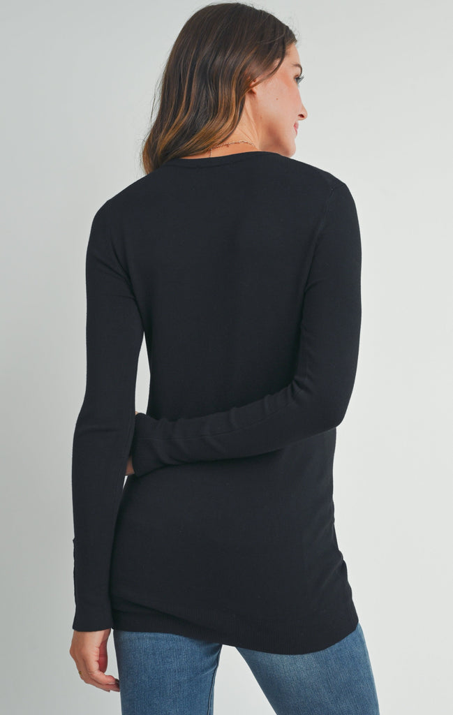 Black Solid Maternity Sweater Top with Sleeve Button Back