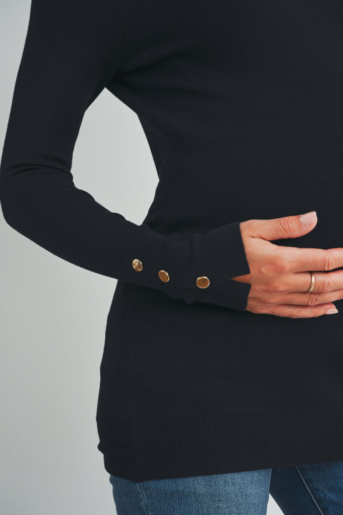 Black Solid Maternity Sweater Top with Sleeve Button Close Up