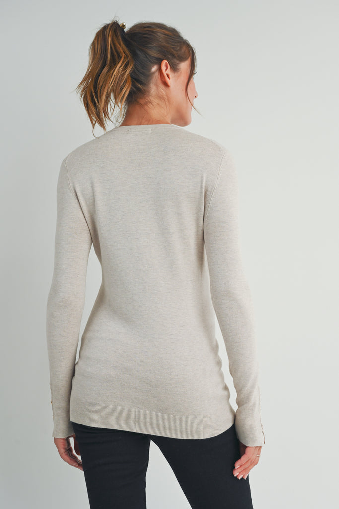Camel Solid Maternity Sweater Top with Sleeve Button Back