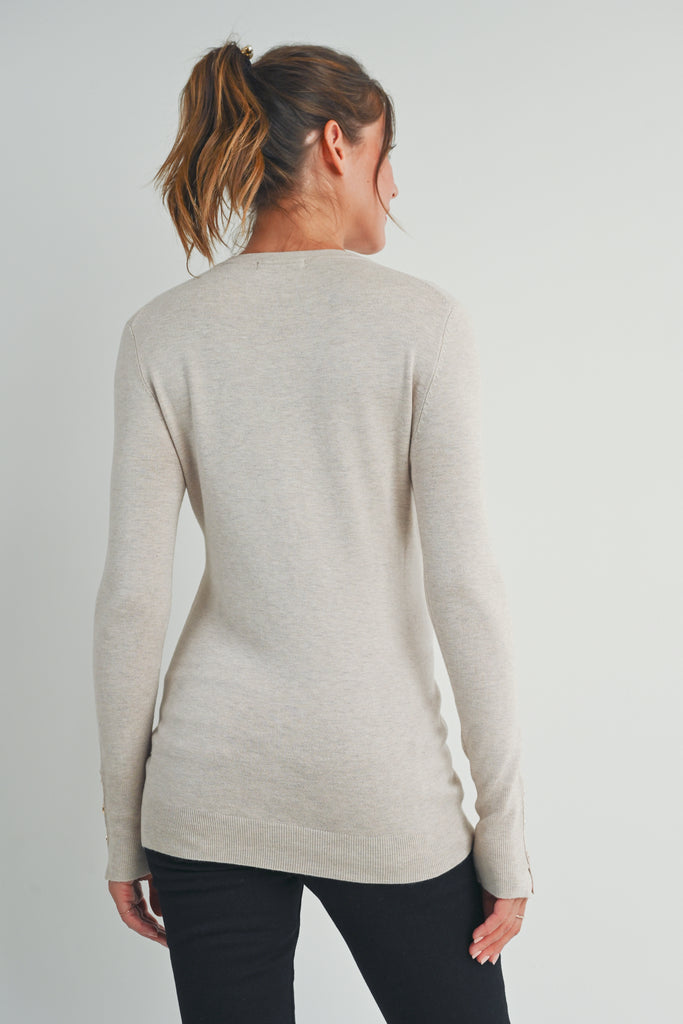 Camel Solid Maternity Sweater Top with Sleeve Button Back