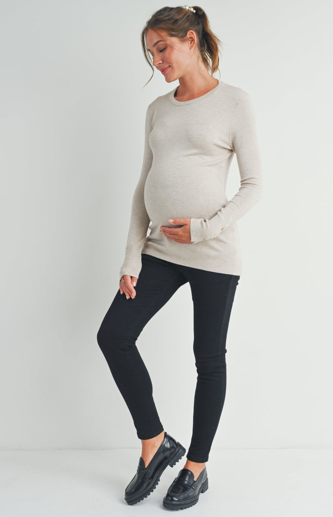Camel Solid Maternity Sweater Top with Sleeve Button Full Body