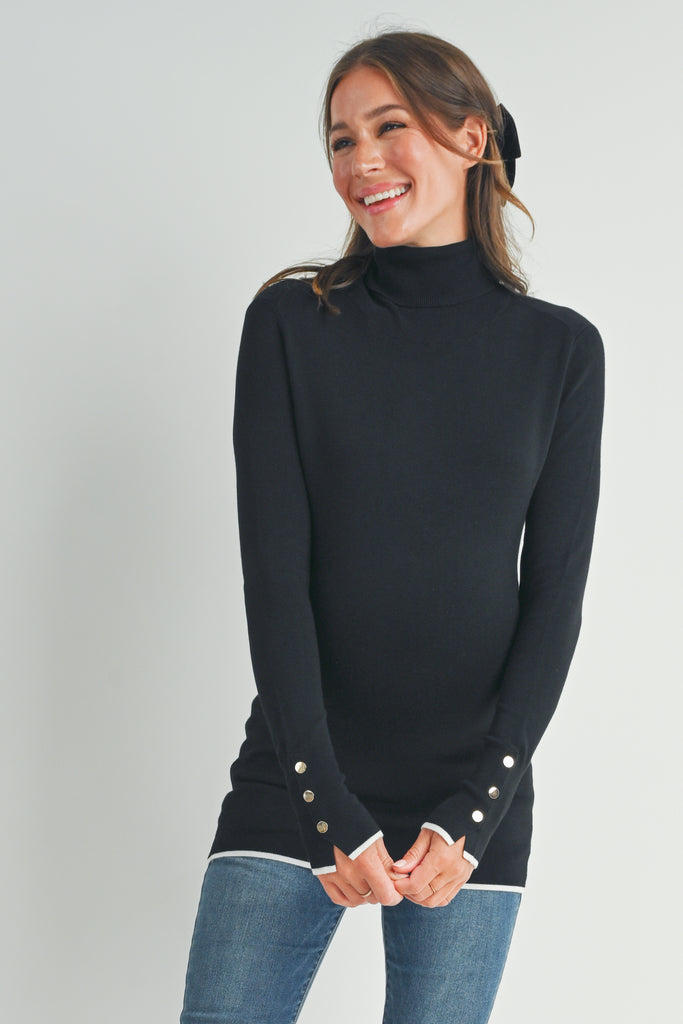 Black Turtle Neck Maternity Sweater with Button-Sleeves Front