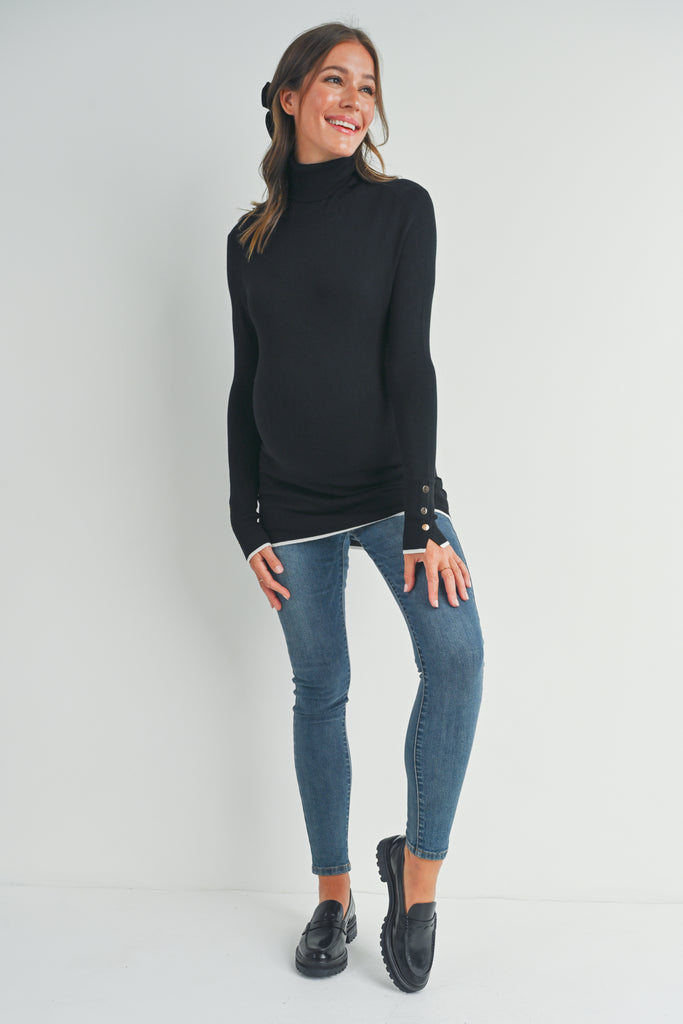 Black Turtle Neck Maternity Sweater with Button-Sleeves Full Body