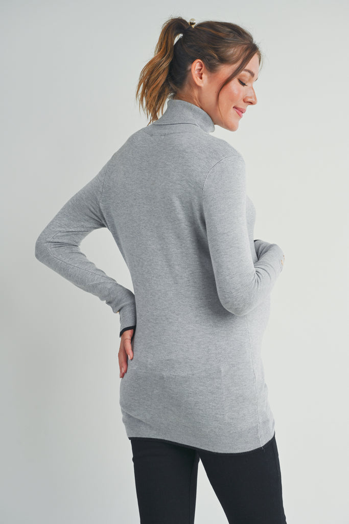 Heather Grey Turtle Neck Maternity Sweater with Button-Sleeves Back