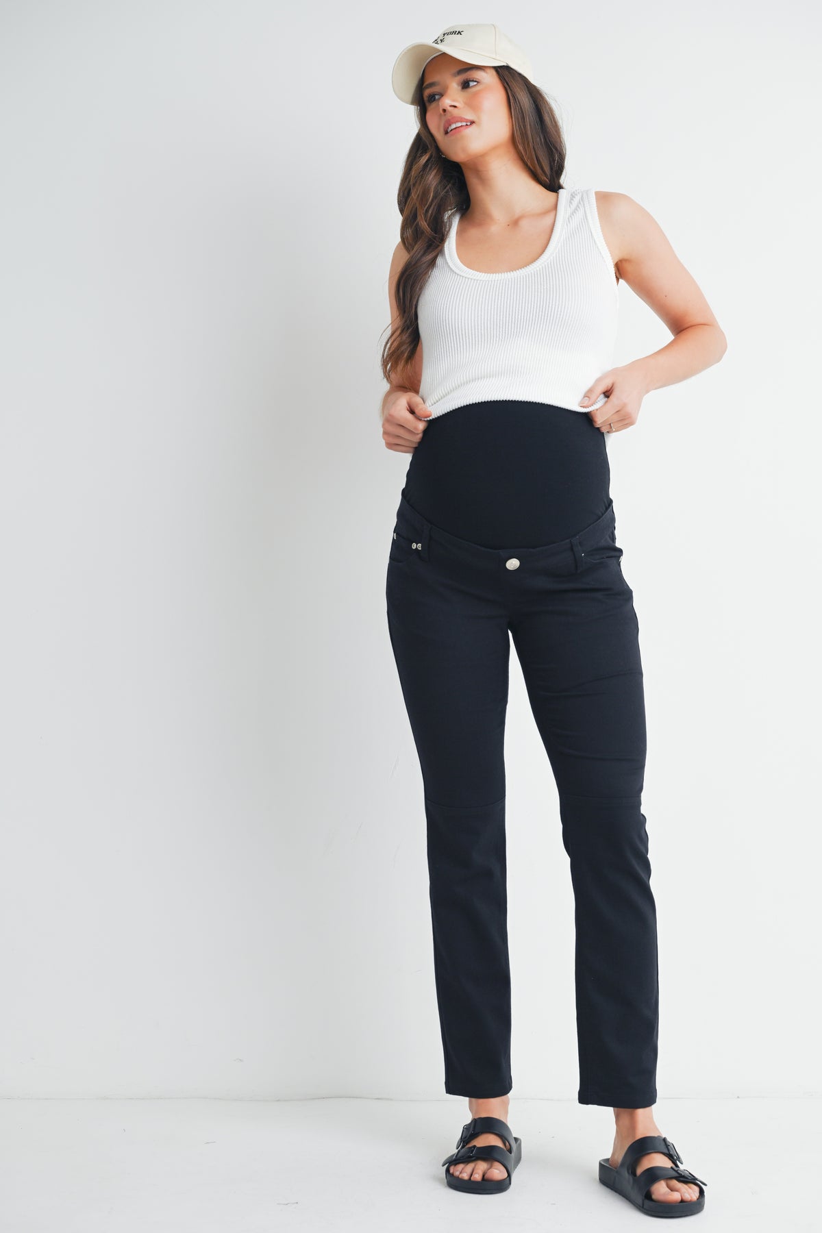 Black Straight Leg Over The Belly Maternity Pants with Pockets Full Body