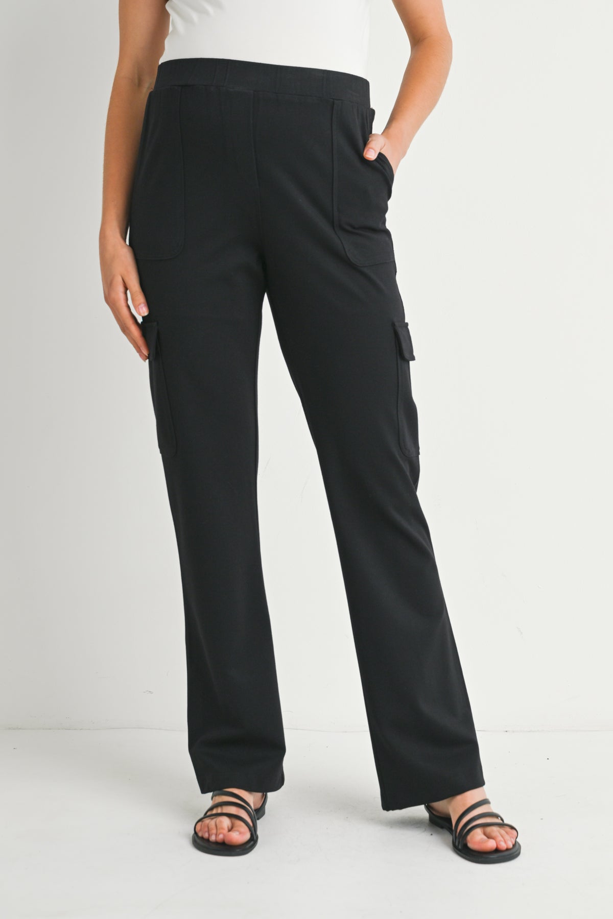 Black Straight Leg Cargo Maternity Pants Full Front View