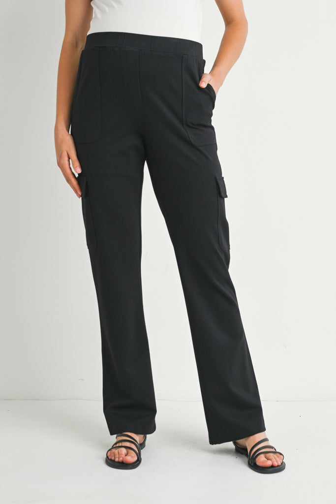 Black Straight Leg Cargo Maternity Pants Full Front View