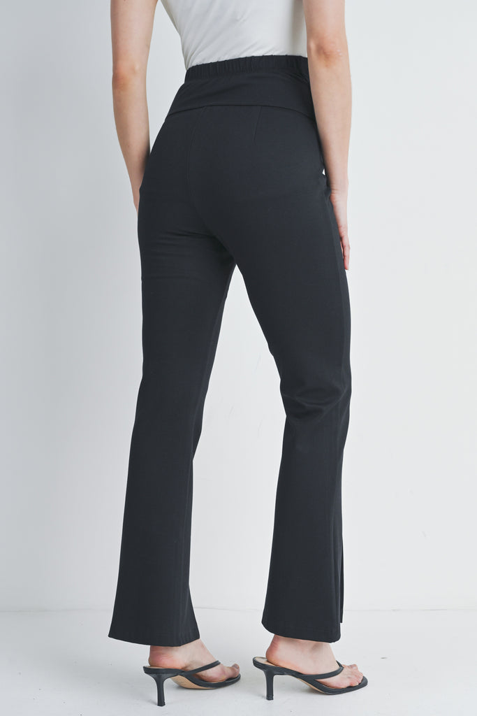 Black Over The Belly Front Split Flare Hem Maternity Pants Back View