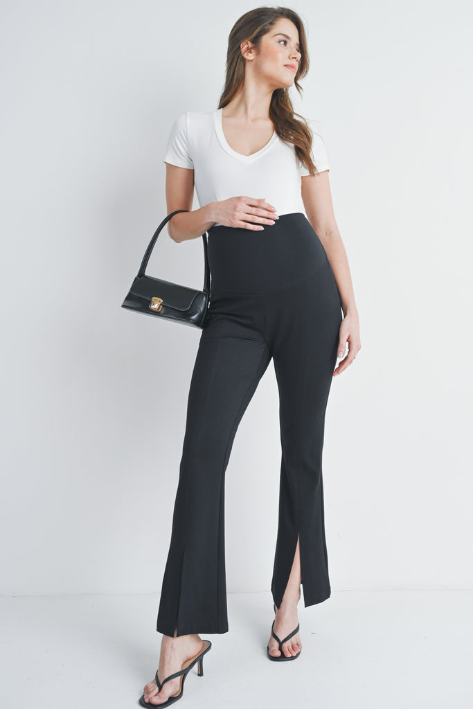 Black Over The Belly Front Split Flare Hem Maternity Pants Full Body