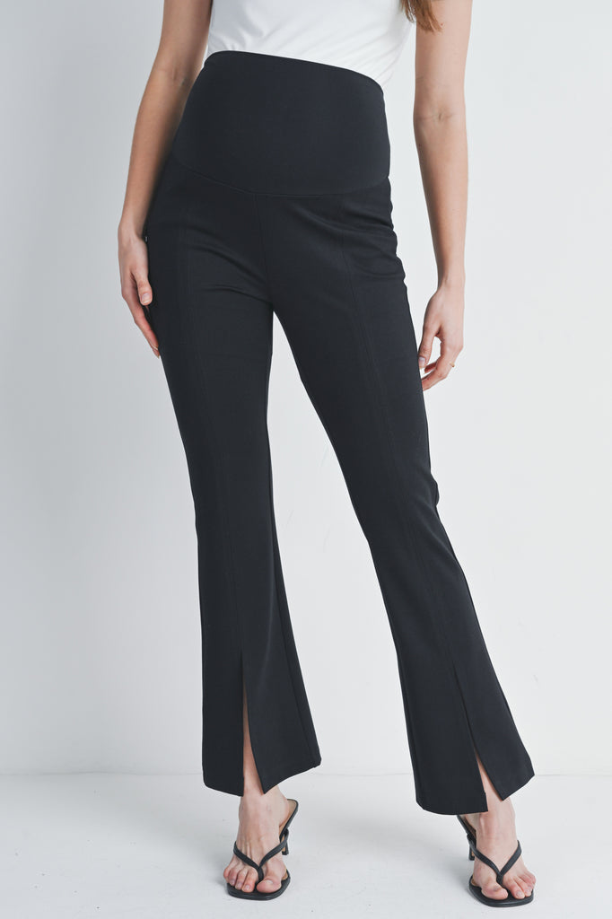 Black Over The Belly Front Split Flare Hem Maternity Pants Front View