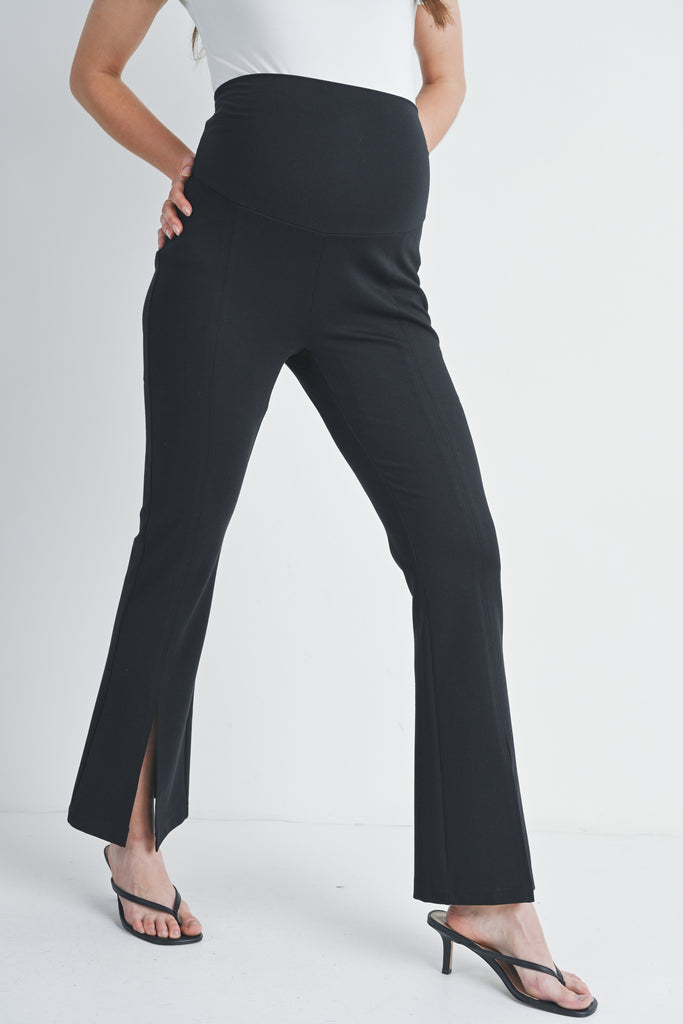 Black Over The Belly Front Split Flare Hem Maternity Pants Side View