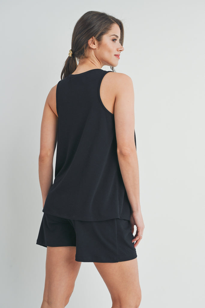 Black Half Button Tank and Shorts Maternity Lounge Set Back View