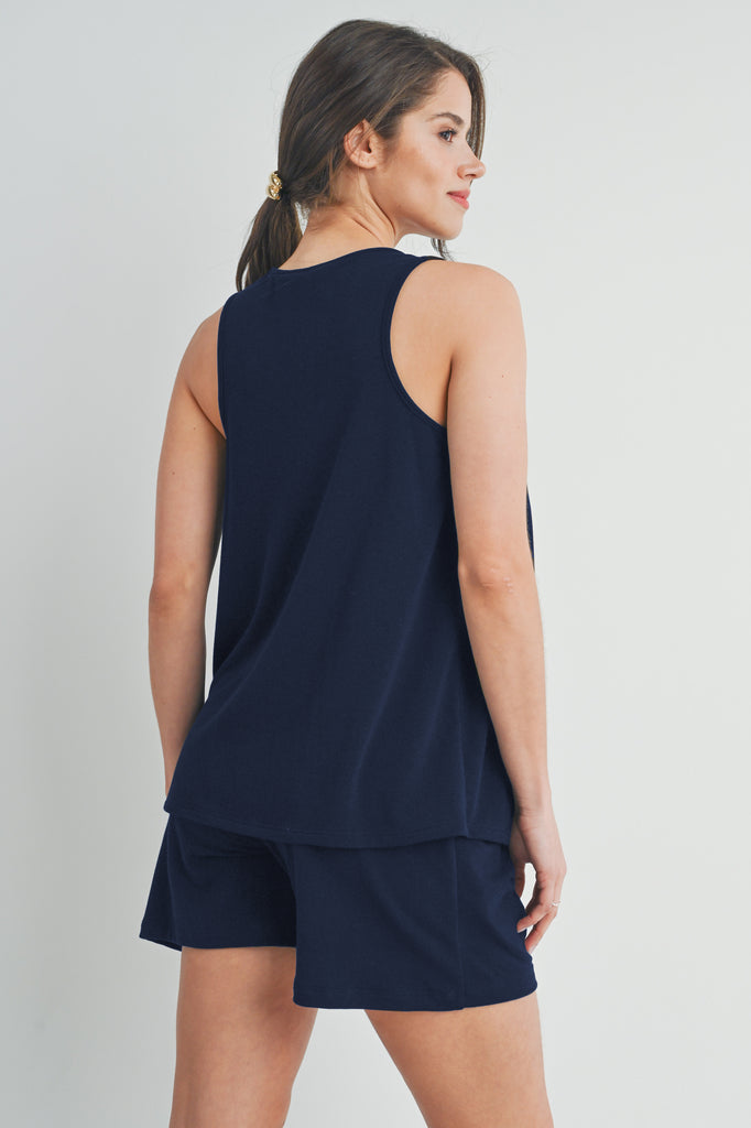 Navy Half Button Tank and Shorts Maternity Lounge Set Back View