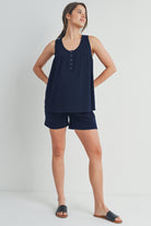 Navy Half Button Tank and Shorts Maternity Lounge Set Full Body