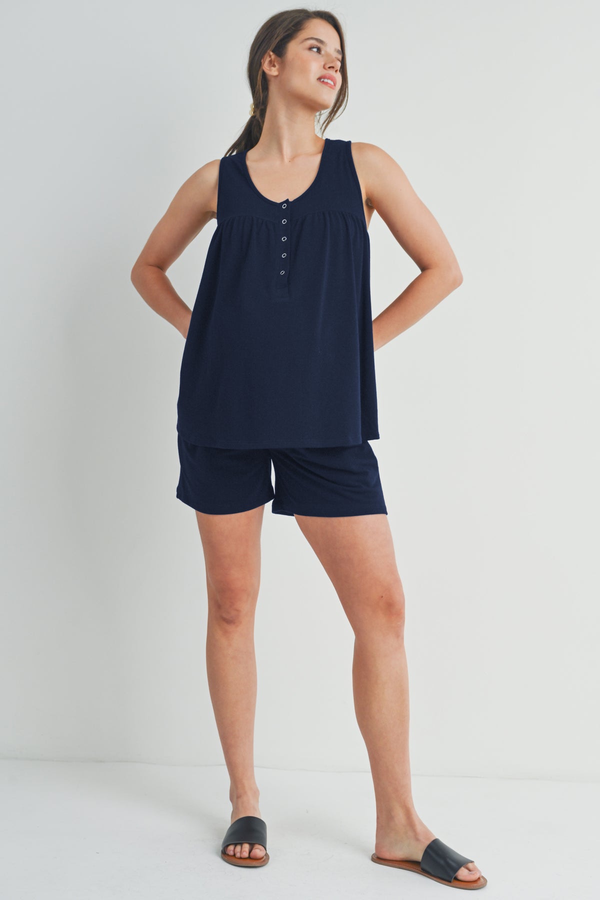 Navy Half Button Tank and Shorts Maternity Lounge Set Full Body