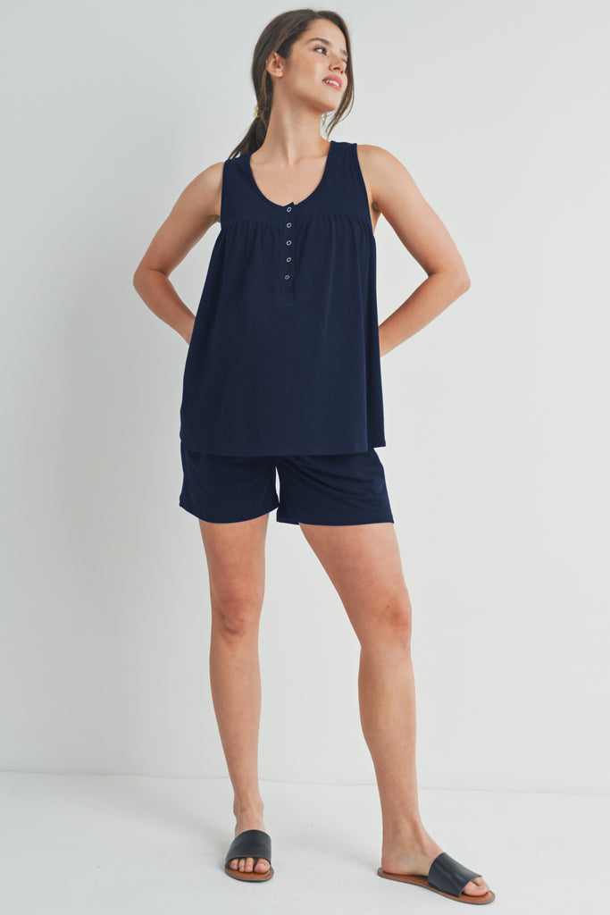 Navy Half Button Tank and Shorts Maternity Lounge Set Full Body