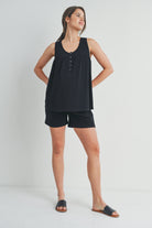 Black Half Button Tank and Shorts Maternity Lounge Set Full Body
