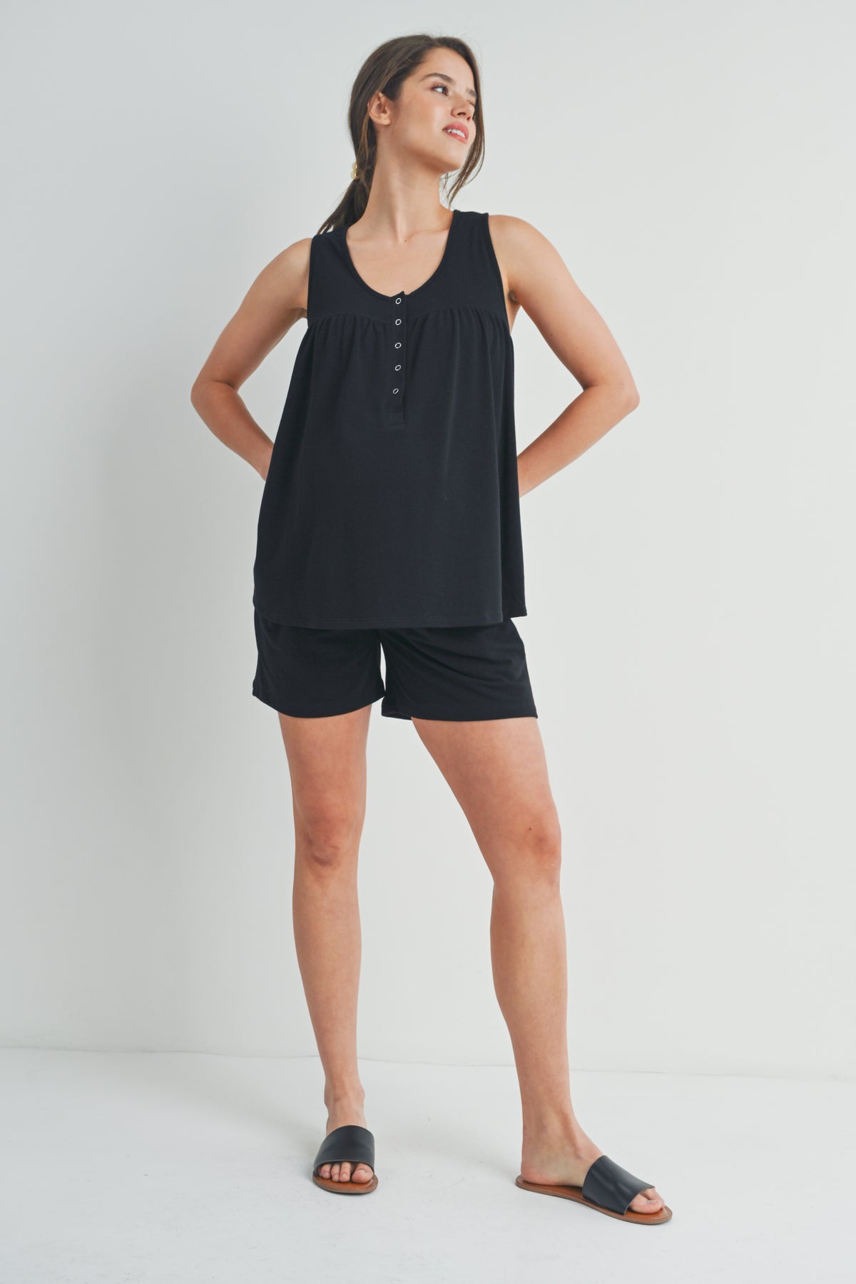 Black Half Button Tank and Shorts Maternity Lounge Set Full Body