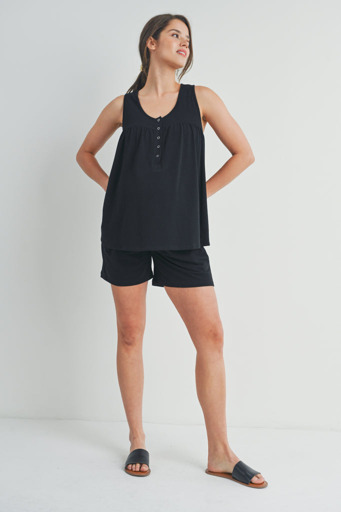 Black Half Button Tank and Shorts Maternity Lounge Set Full Body