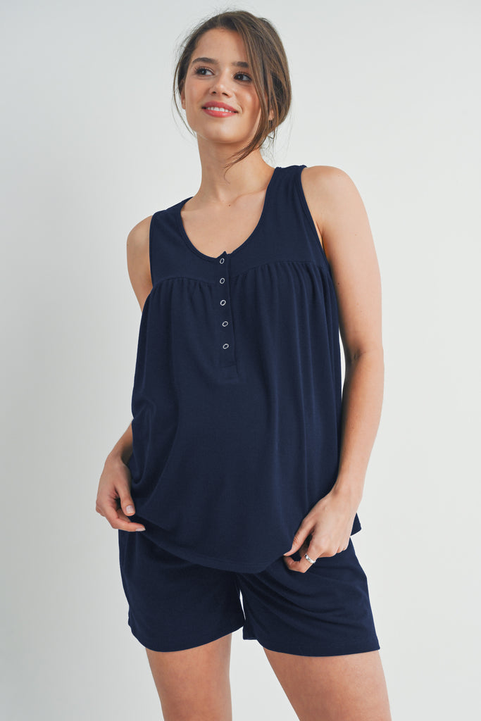 Navy Half Button Tank and Shorts Maternity Lounge Set Front View