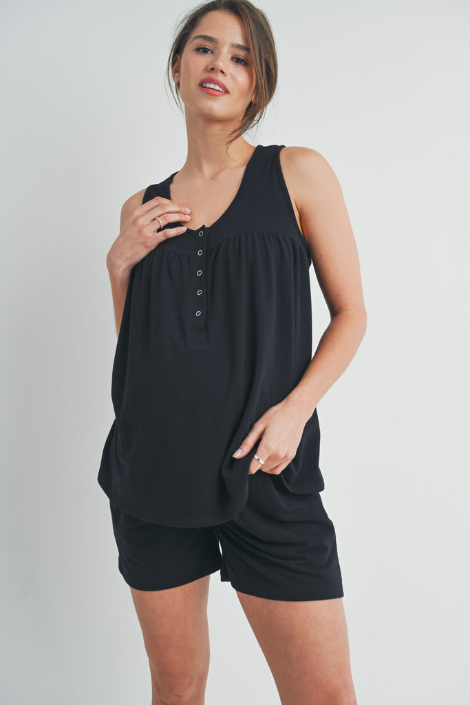 Black Half Button Tank and Shorts Maternity Lounge Set Front View