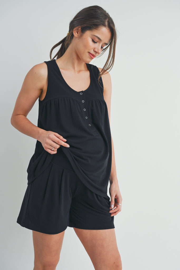 Black Half Button Tank and Shorts Maternity Lounge Set Side View