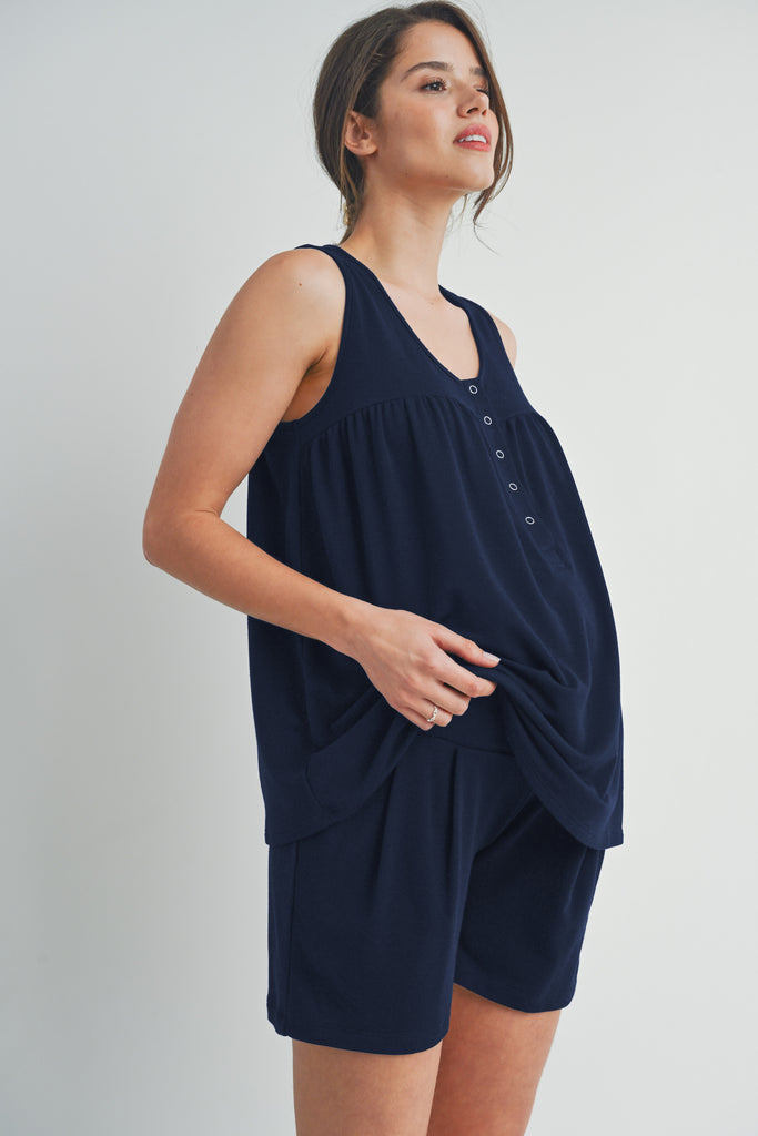 Navy Half Button Tank and Shorts Maternity Lounge Set Side View