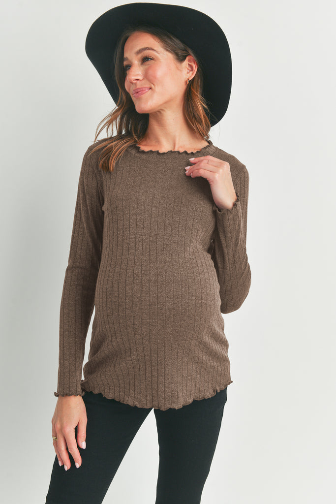 Brown Ribbed Merrow Lettuce Edge Maternity Top Front