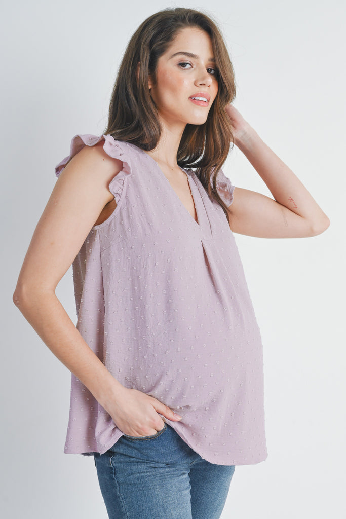 Lavender Swiss Dot Cap Sleeve Maternity V Neck Top Side View