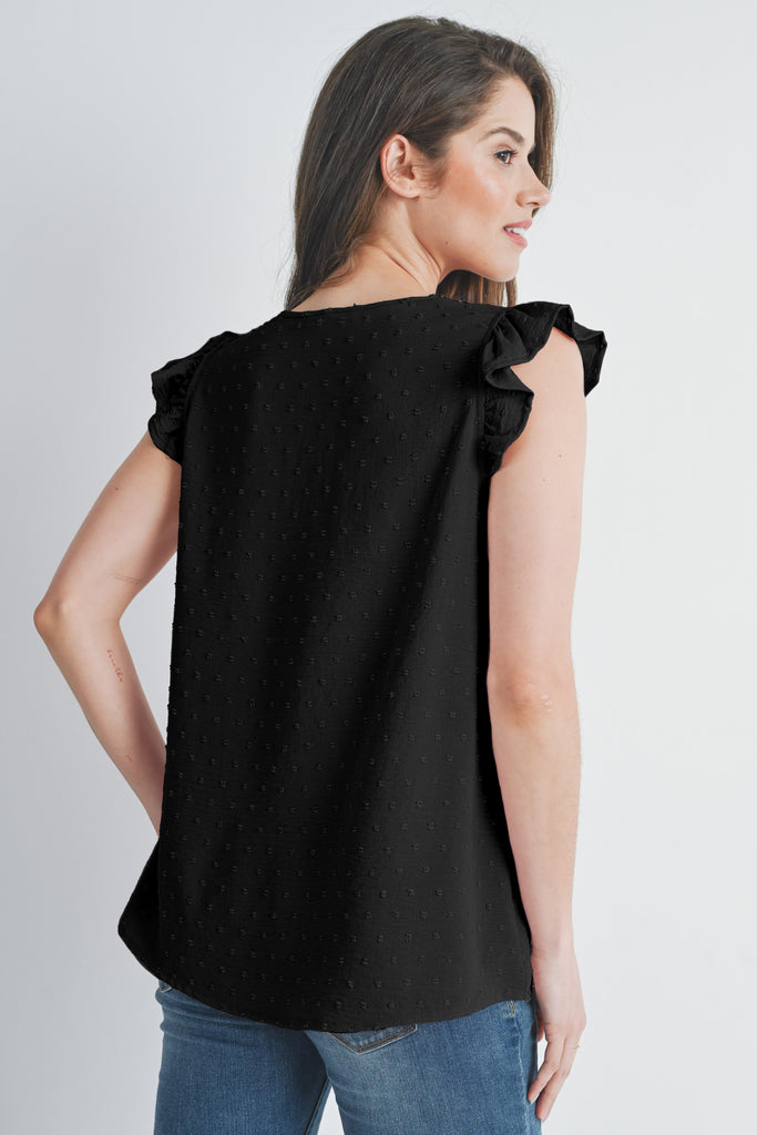 Black Swiss Dot Cap Sleeve Maternity V Neck Top Back View