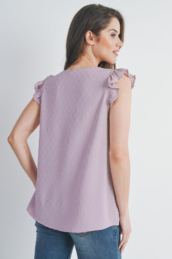 Lavender Swiss Dot Cap Sleeve Maternity V Neck Top Back View