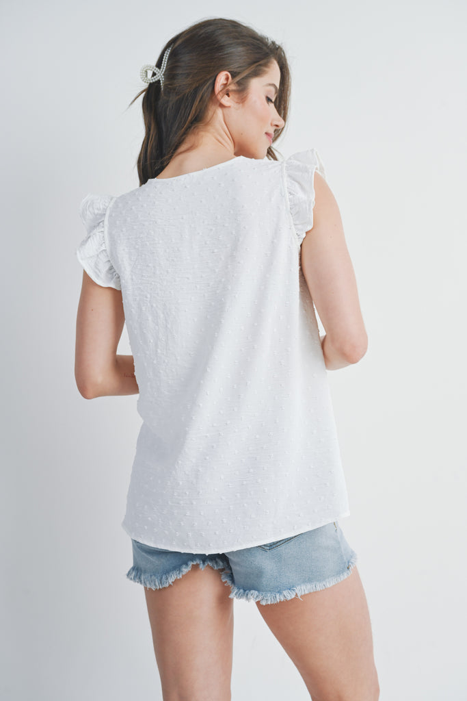 White Swiss Dot Cap Sleeve Maternity V Neck Top Back View