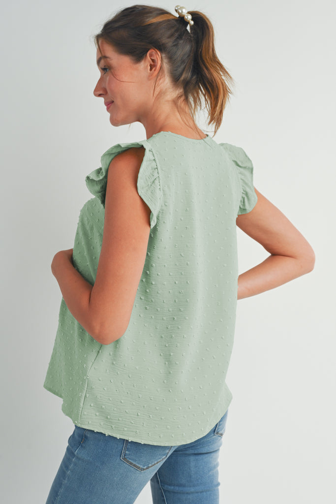 Sage Swiss Dot Cap Sleeve Maternity V Neck Top Back View