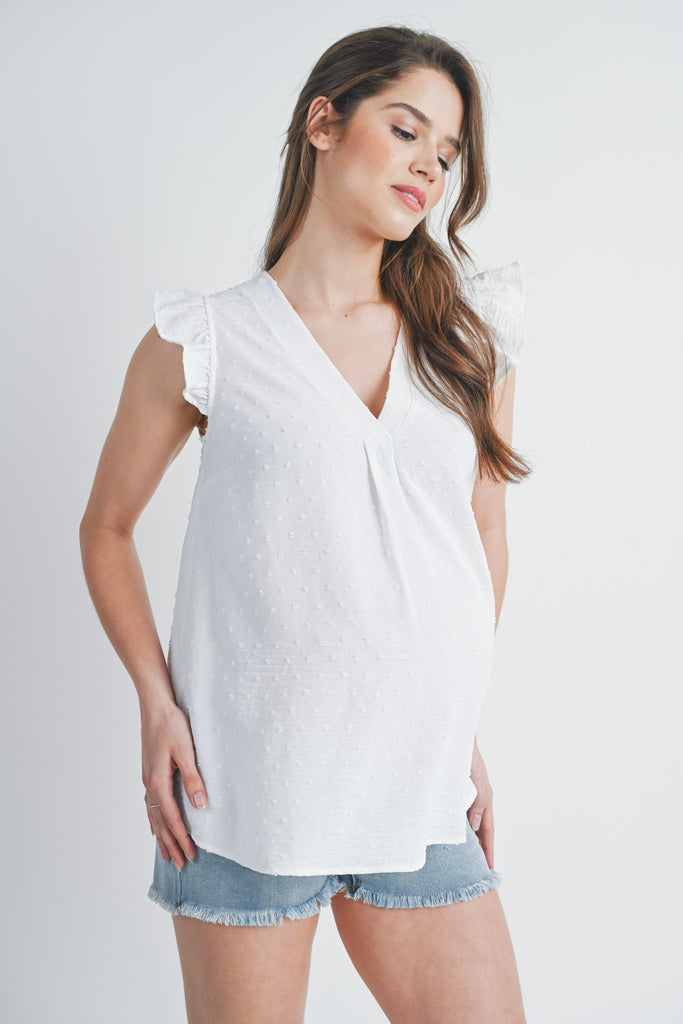 White Swiss Dot Cap Sleeve Maternity V Neck Top Side View