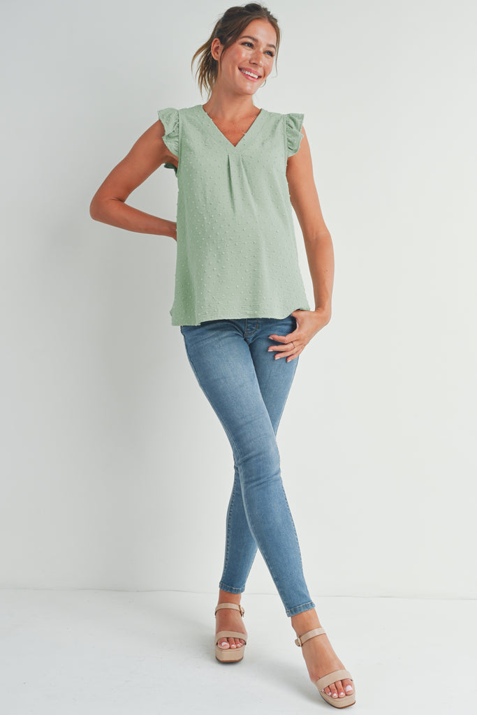 Sage Swiss Dot Cap Sleeve Maternity V Neck Top Full Body