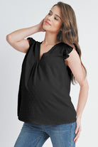 Black Swiss Dot Cap Sleeve Maternity V Neck Top Side View