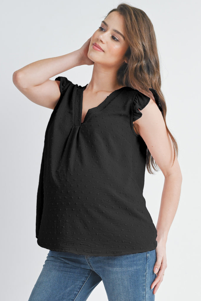 Black Swiss Dot Cap Sleeve Maternity V Neck Top Side View