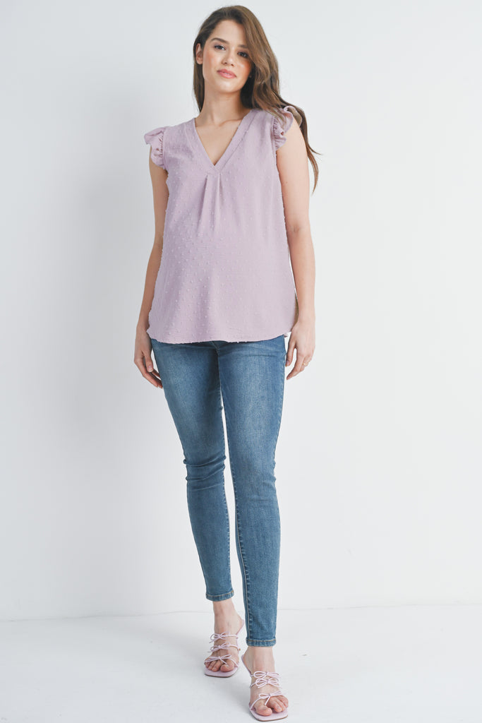 Lavender Swiss Dot Cap Sleeve Maternity V Neck Top Full Body