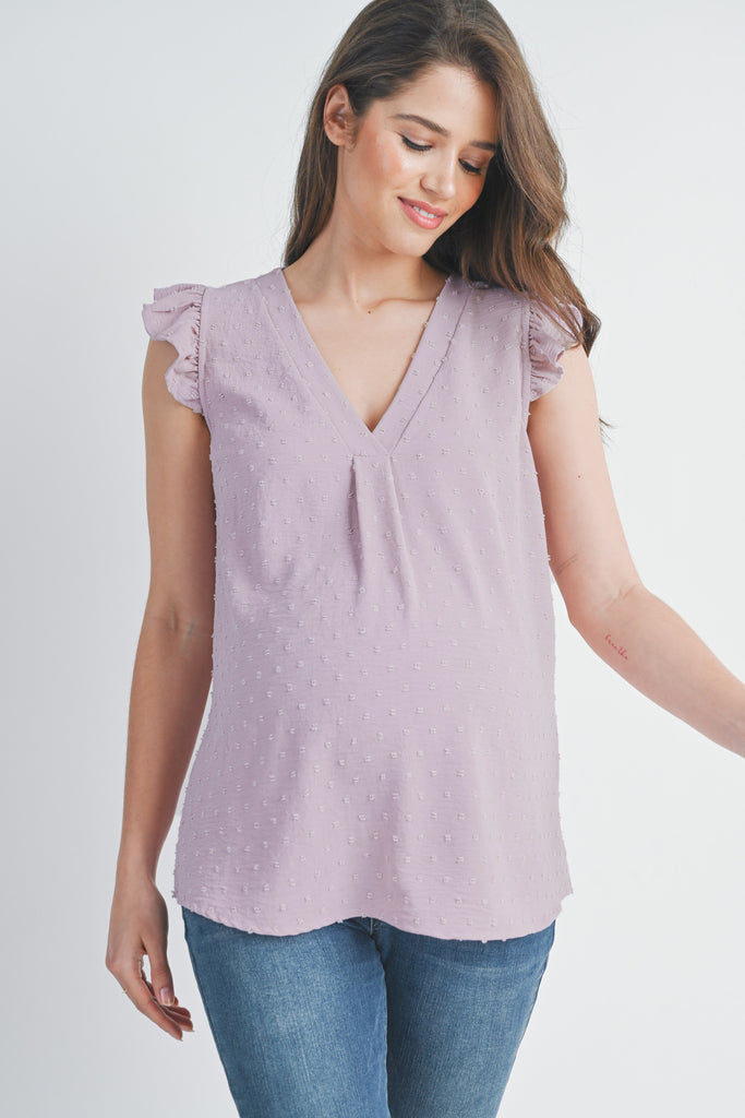 Lavender Swiss Dot Cap Sleeve Maternity V Neck Top Front View