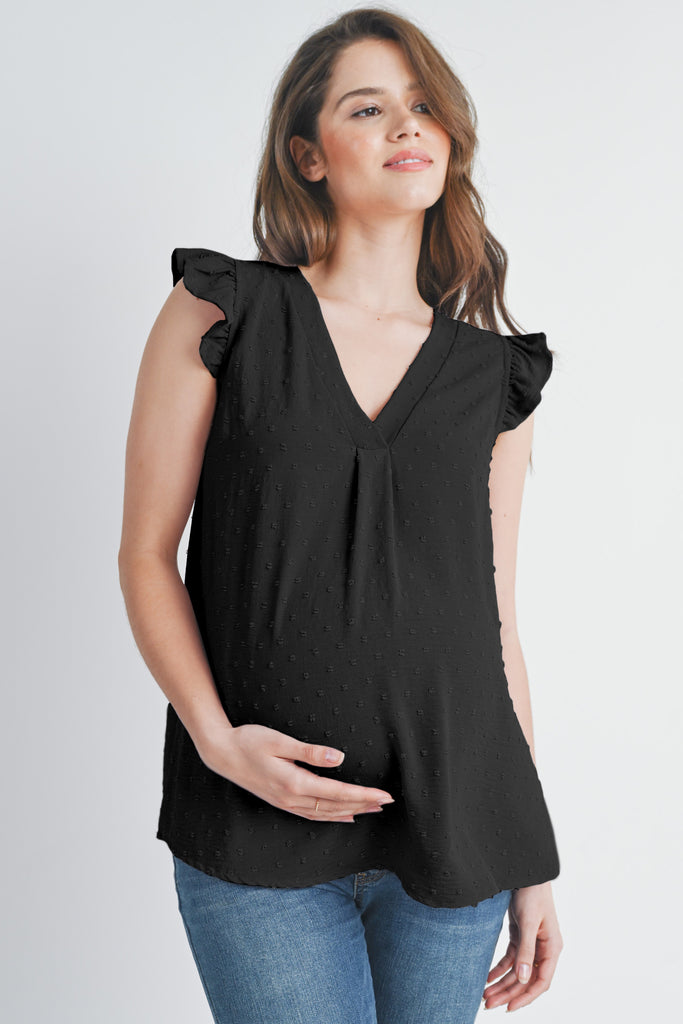 Black Swiss Dot Cap Sleeve Maternity V Neck Top Front View