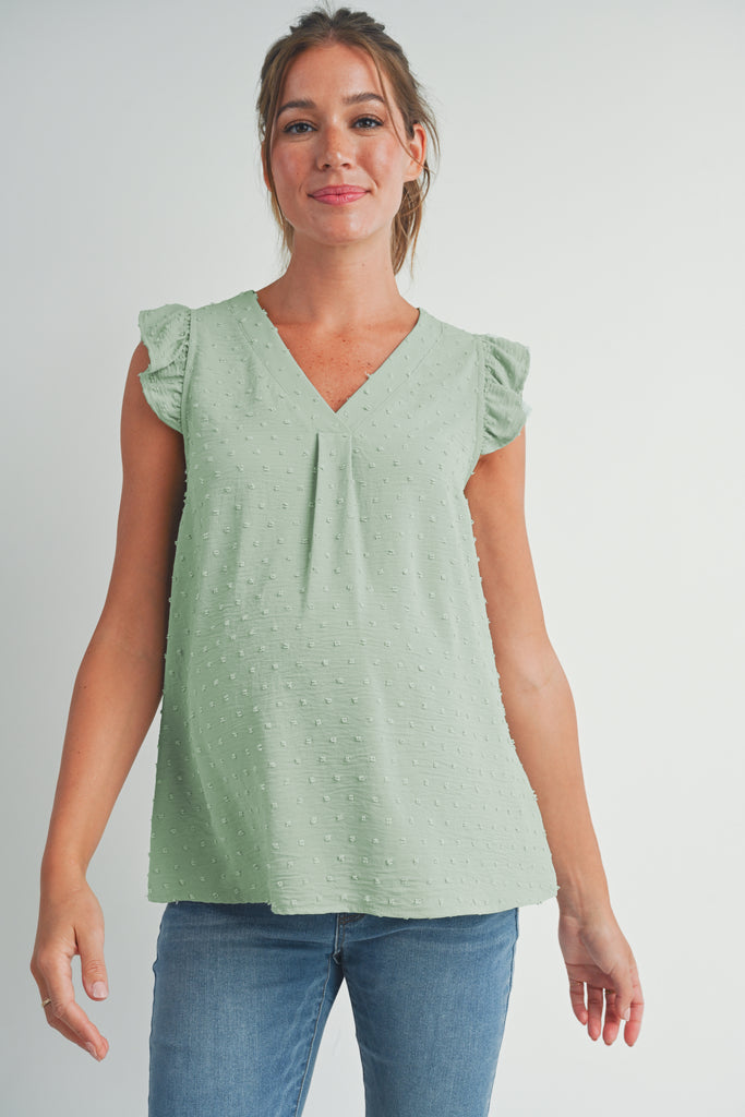 Sage Swiss Dot Cap Sleeve Maternity V Neck Top Front View