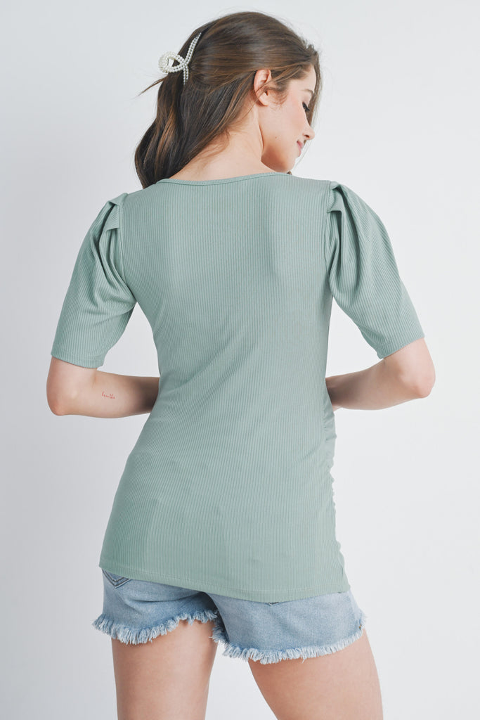 Mint Ribbed Square Neck Puff Sleeve Maternity Top Back View